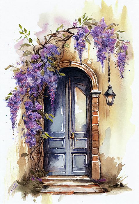 Doorway of Delight, by Greg Collins Unique Landscaping, Nature And Architecture, Artwork Unique, Watercolor Paintings Nature, Watercolor Architecture, Sketchbook Drawings, Diy Watercolor Painting, Watercolor Flower Art, Watercolor Landscape Paintings