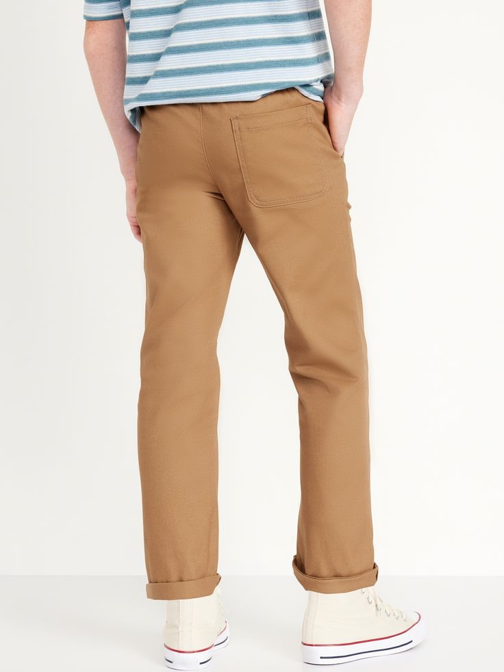 elastic-drawstring waist faux fly diagonal front pockets single back patch pocket easy pull-on style sits at waist straight hip and thigh straight leg Cotton Straight Leg Bottoms With Pull-on Style, Casual Sweatpants With Straight Hem, Brown Chinos With Pockets And Straight Hem, Casual Brown Jeans With Straight Hem, Casual Cotton Pull-on Pants, Casual Brown Straight Jeans, Relaxed Fit Straight Leg Cargo Pants With Elastic Waistband, Straight Cotton Cargo Pants, Cotton Straight Leg Bottoms With Elastic Waistband