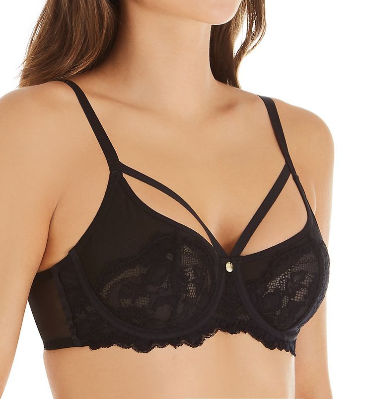 Ridiculously sexy and seductive, this bra features strappy cage elastic and beautiful see-through lace. Made from polyamide and elastane. Multi-part, lace underwire cups are unlined (unpadded) with a backing of stretch mesh for a semi-sheer look. Lower cup of sheer lace has a vertical seam for shape. Stretch mesh in the upper cup frames the neckline and has elastic along the edges for a secure fit. Center - narrow, arched panel is detailed with a goldtone charm at top. Sewn-on elastic underband Lace Made, Lace Underwire, Bra Cups, Underwire Bra, Sheer Lace, Panel Siding, Plus Size, Elastic, Bra