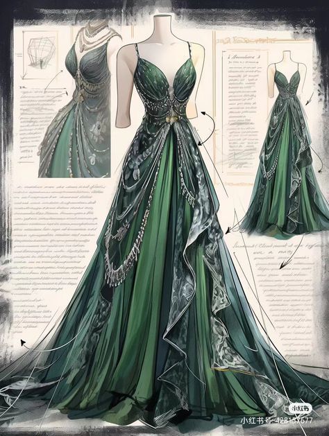 Green Gowns, Book Outfits, Hidden Art, Dreamy Gowns, Infinity Wedding, Fashion Drawing Dresses, Dress Design Sketches, Fashion Illustration Dresses, Gowns Prom