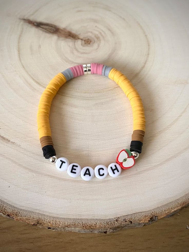 Teacher Bead Bracelet, Teacher Clay Bracelet, Teach Clay Bead Bracelet, Thanksgiving Clay Bead Bracelets, Clay Bracelets Diy, Bracelet For Teacher, Pencil Bracelet, Bead Alphabet, Teacher Bracelet