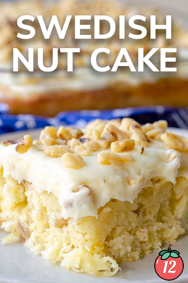 a close up of a piece of cake on a plate with the words swedish nut cake