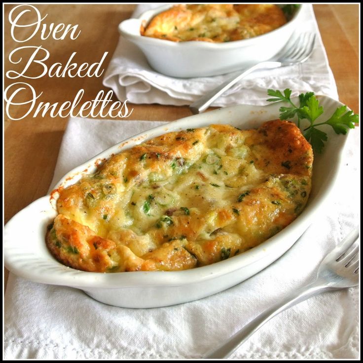 two white dishes filled with baked omelets and garnished with parsley