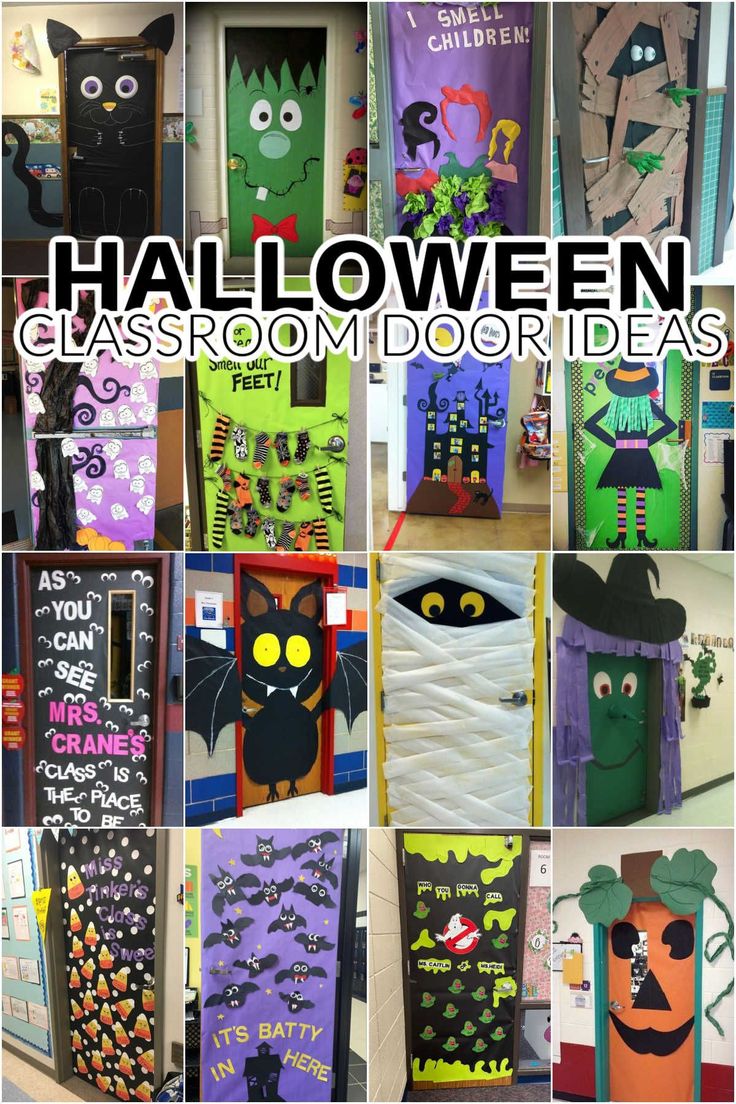 halloween classroom door decorations with the words, halloween classroom door ideas and pictures on them