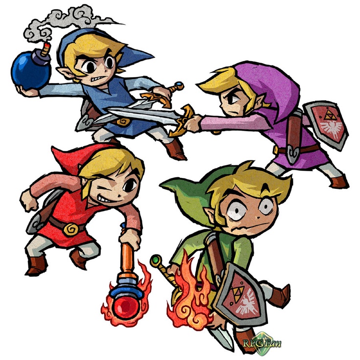 the legend of zelda characters are flying through the air