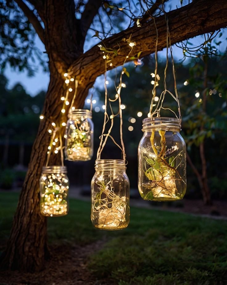 mason jar lights hanging from a tree with string lights in the branches and plants inside them