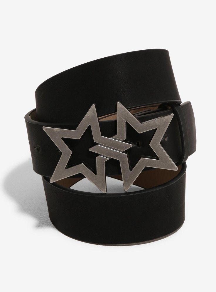 Give off rock star vibes in this black  faux leather belt! Featuring a buckle of two silver-tone connected stars.80% polyurethane; 20% alloyImported Leather Accesories Idea, Star Belt Buckle, Hsr Redesign, Dc Belt, Aesthetic Belts, Grunge Belt, Cute Belts, Cool Belts, Moon Belt