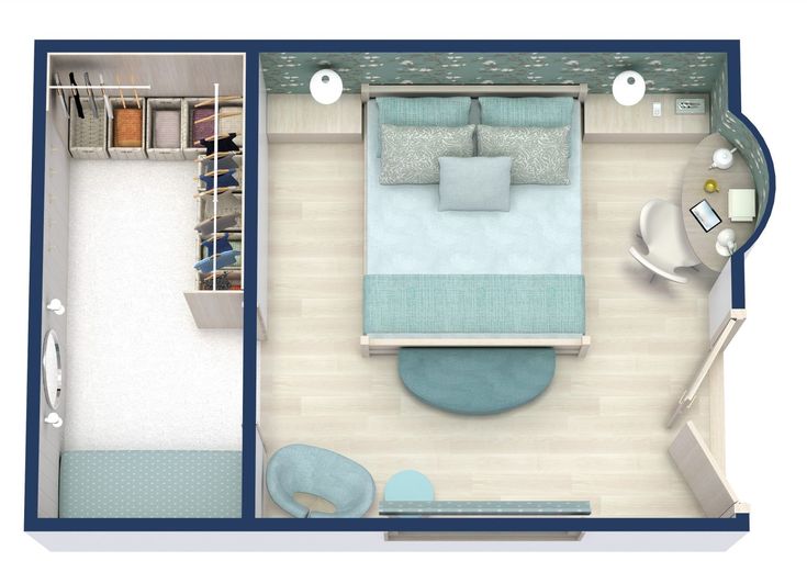 an overhead view of a bedroom and living room in a small apartment with blue accents