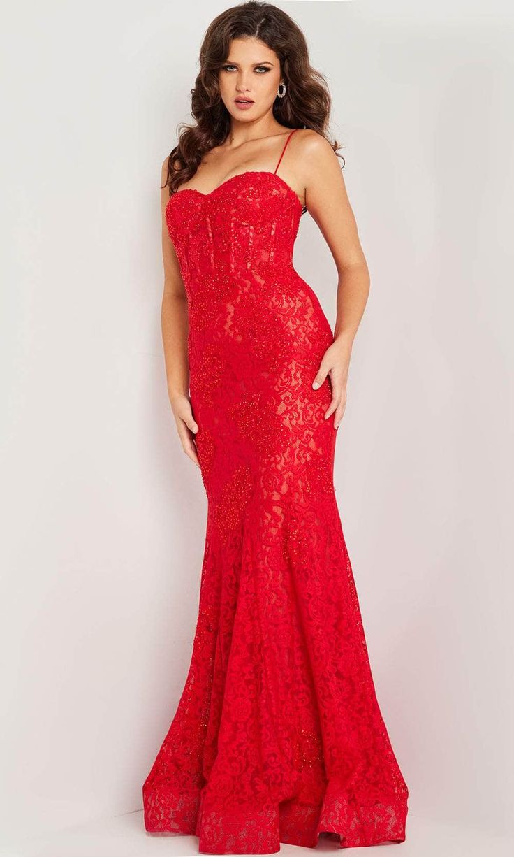 Embrace the essence of elegance with the stunning Jovani 07499 creation. This gown features a structured bodice adorned with shimmering jewels, showcasing a beautiful bustier design complemented by a sweetheart neckline and delicate spaghetti straps. With a midrise back and discreet zipper closure, the lace mermaid skirt sculpts your figure and flares out gracefully, cascading into a sweeping train. Stand out from the crowd and embody unparalleled sophistication in this exquisite Jovani 07499 ma Lace Mermaid Prom Dress, Red Peacock, Mermaid Prom Dresses Lace, Lace Dress Design, Formal Dresses With Sleeves, Mermaid Evening Gown, Mermaid Prom Dress, Plus Size Party Dresses, Hugging Silhouette