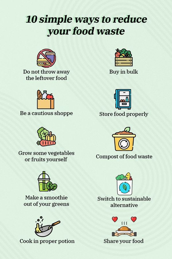 the 10 simple ways to reduce your food waste info graphic on green background with text