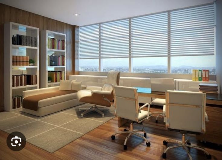 a living room filled with furniture and bookshelves next to a window covered in blinds