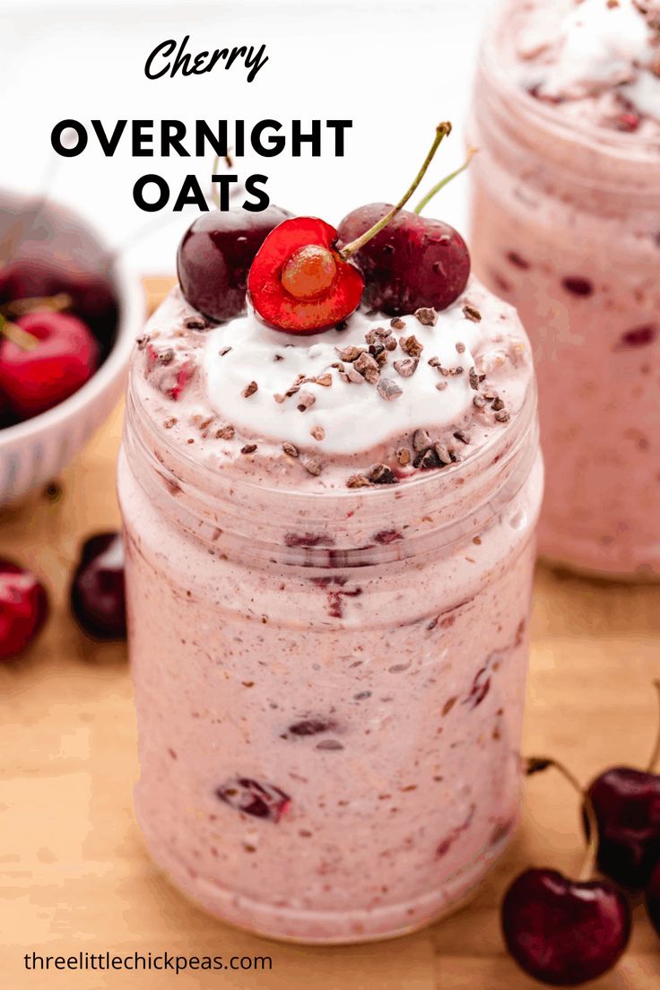 cherry overnight oats in a mason jar with cherries on the side and text overlay reading cherry overnight oats