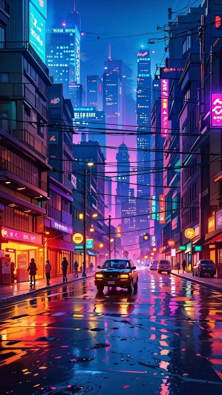 a car driving down a city street at night with neon lights on the buildings and people walking by