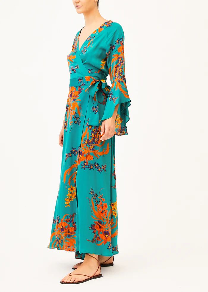 Melanie Green Floral Wrap Dress – Jaline Resort Angel Sleeves, Floral Wrap Dress, Angel Sleeve, Printed Wrap Dresses, Floral Wraps, Wrap Dress Floral, 3 Weeks, Formal Event, Wrap Dress