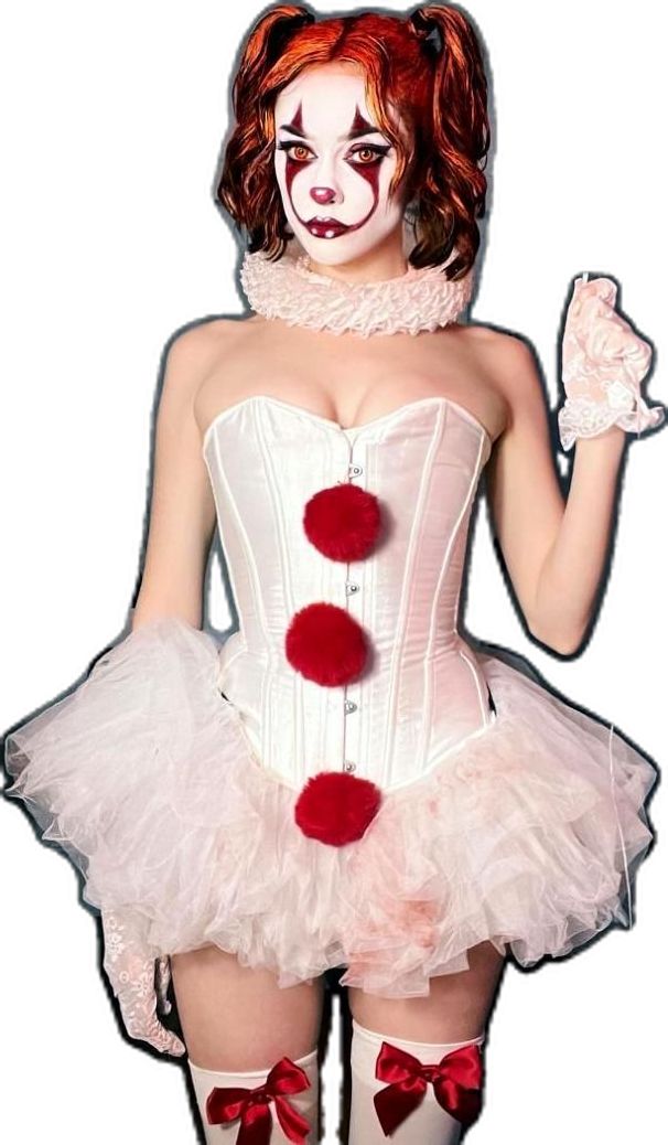 a woman dressed as a clown with red hair and makeup on her face, wearing a white corset