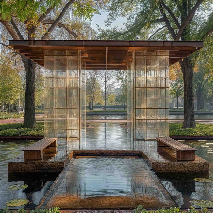 an artistic rendering of a gazebo in the middle of a pond surrounded by trees