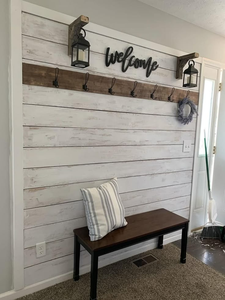 Pallet Wall Entryway, Farmhouse Half Wall Ideas, Front Door Shiplap Wall, Accent Wall Ideas For Entry Way, Diy Wall Planks, Diy Mud Wall, House Entry Wall Design, Hallways Decorating Ideas, Large Entry Way Ideas Farmhouse