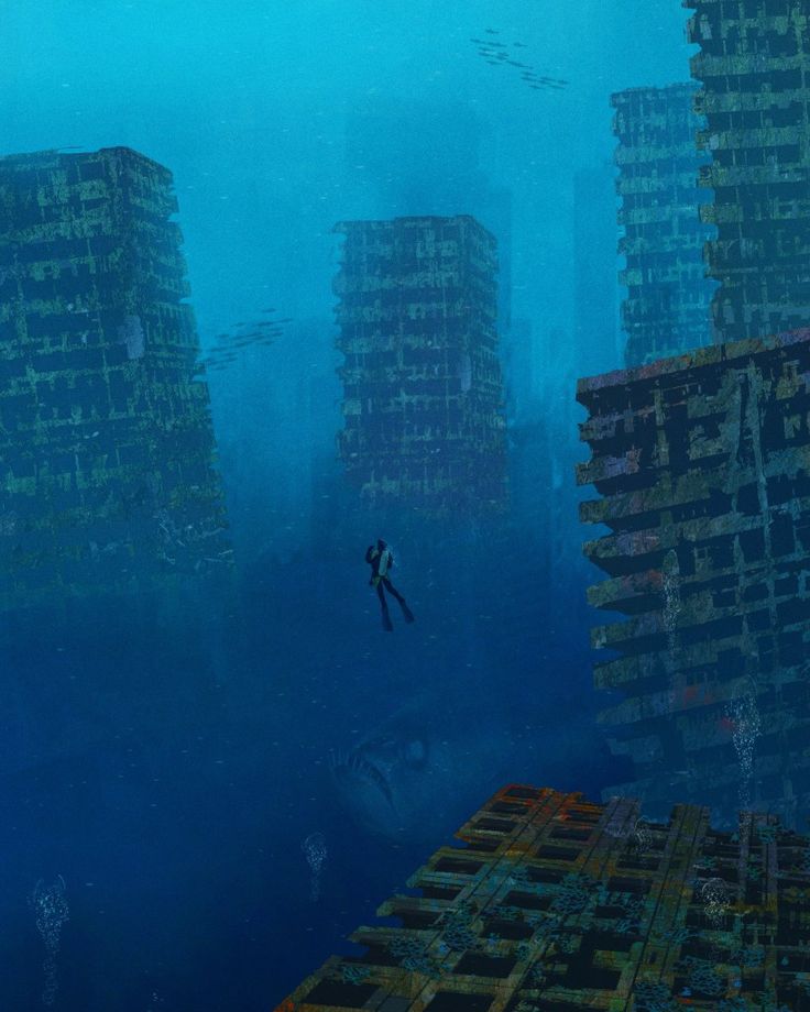 a man swimming in the ocean between two tall buildings