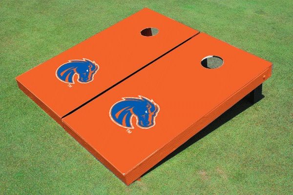 an orange cornhole board with the boise bisons on it and two holes in the middle