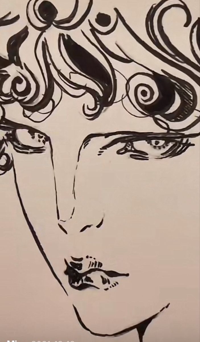 a black and white drawing of a woman's face with curls on her hair