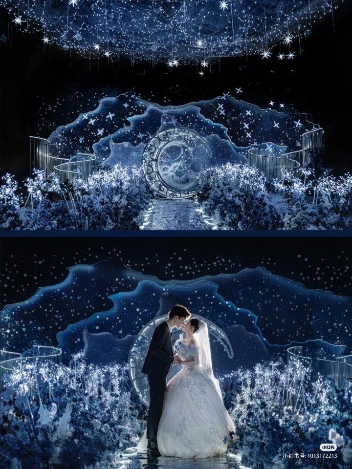 a couple kissing in front of a blue and white background with snowflakes on it