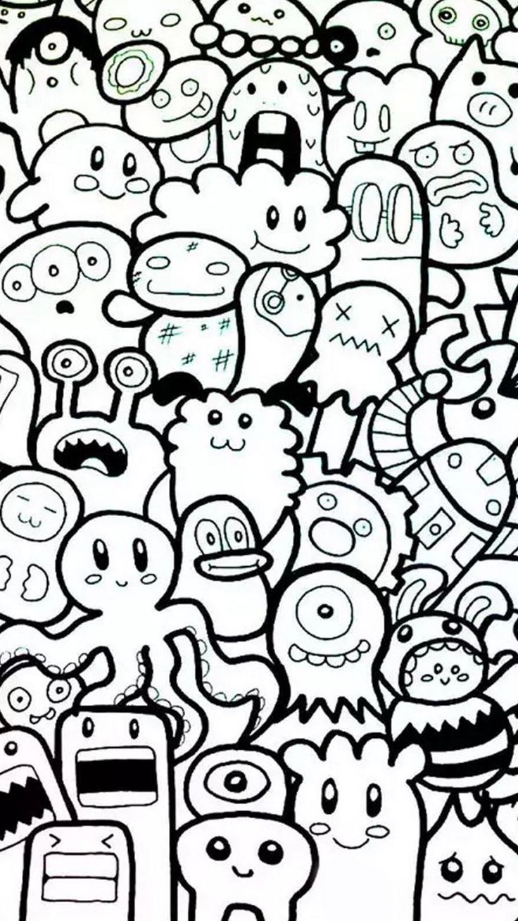 a large group of cartoon faces drawn in black and white