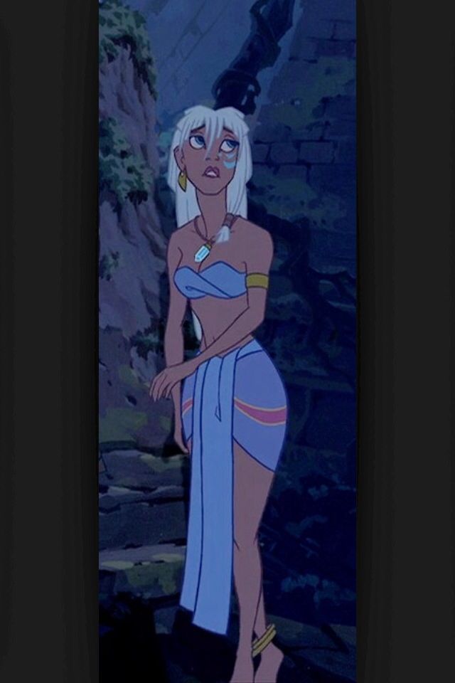 an animated image of a woman with white hair and blue dress standing in front of a stone wall