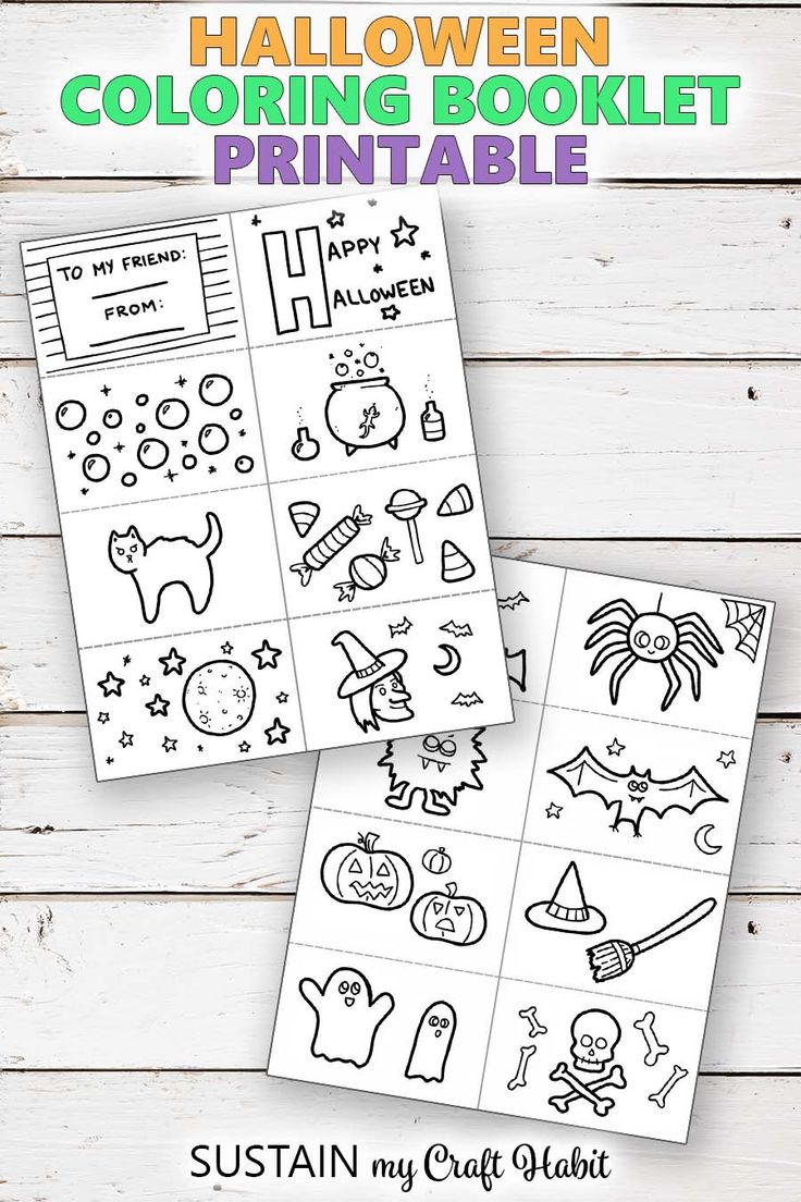 the halloween coloring booklet printable for kids is shown on a white wooden background