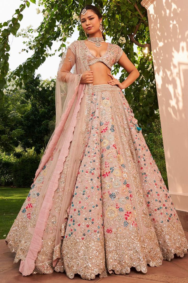 Osaa By Adarsh | Coral Embroidered Lehenga Set | INDIASPOPUP.COM Pastel Lavender Lehenga, Lavender Lehenga, Silver Garden, Dori Embroidery, Indian Anarkali, Dusty Lavender, Lengha Choli, Coral Fabric, Embroidered Lehenga