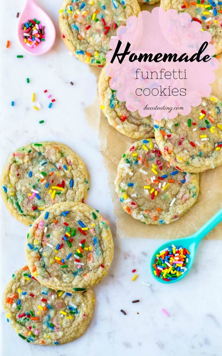 homemade funfetti cookies with sprinkles on top and spoon next to them