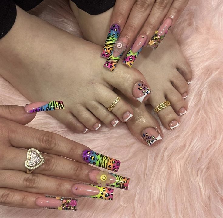 Lisa Frank Inspired Nails, Lisa Frank Nails, Lisa Frank Inspired, Tiger Nails, Acrylic Toes, Hard Nails, Glamour Nails, Inspired Nails, Y2k Nails