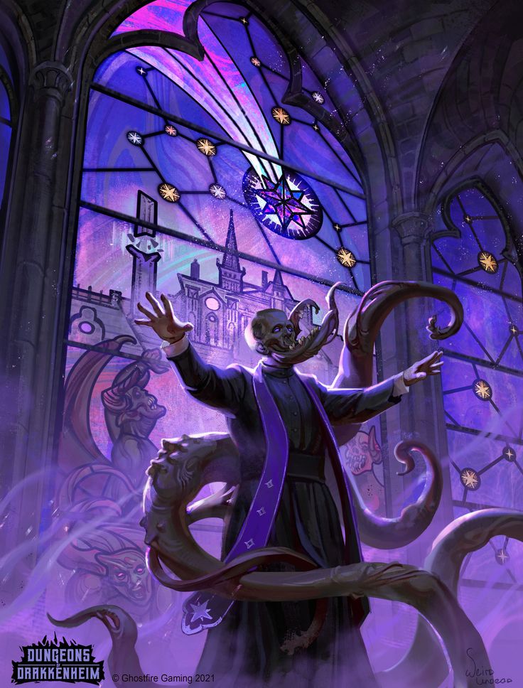 an illustration of a demon in front of a stained glass window with his hands out