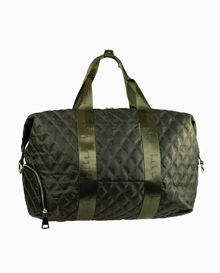 FRONT OF QUILTED NYLON DUFFLE BAG | Khaki Green Nicole Miller, Weekend Getaway, Khaki Green, Color Khaki, Army Green, Side Zipper, Zipper Pocket, Duffle Bag, Crossbody Bag