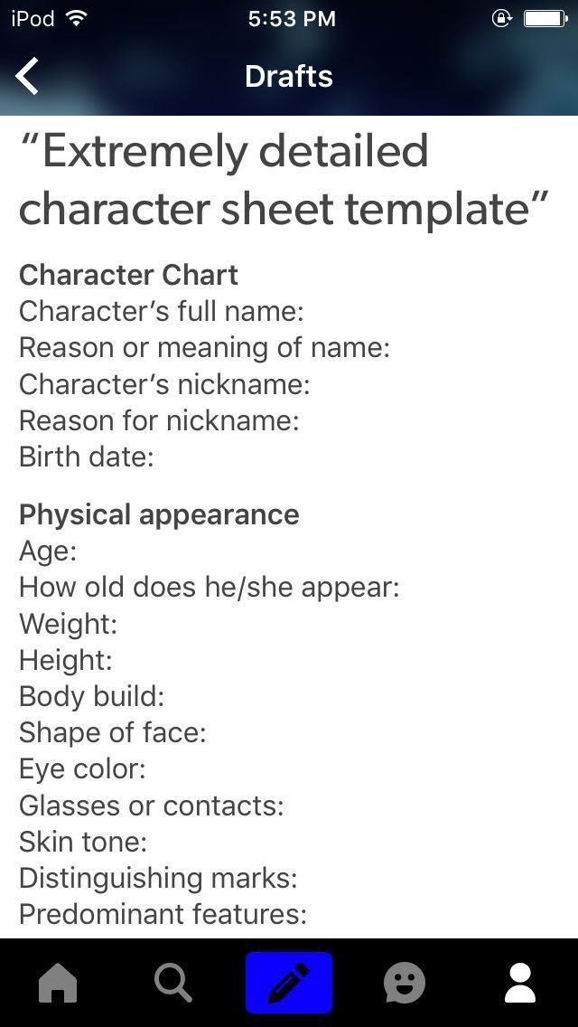 an iphone screen with the text'extremely detailed character sheet template '