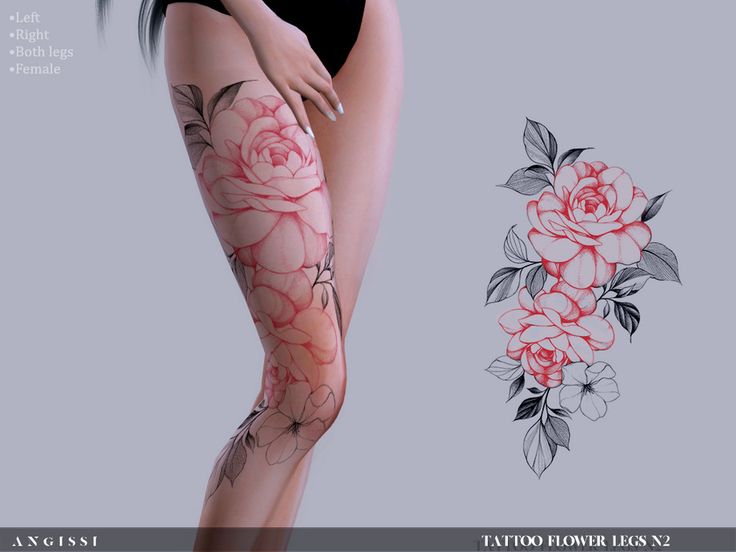 a woman's legs with tattoos and flowers on the leg, next to an image of roses