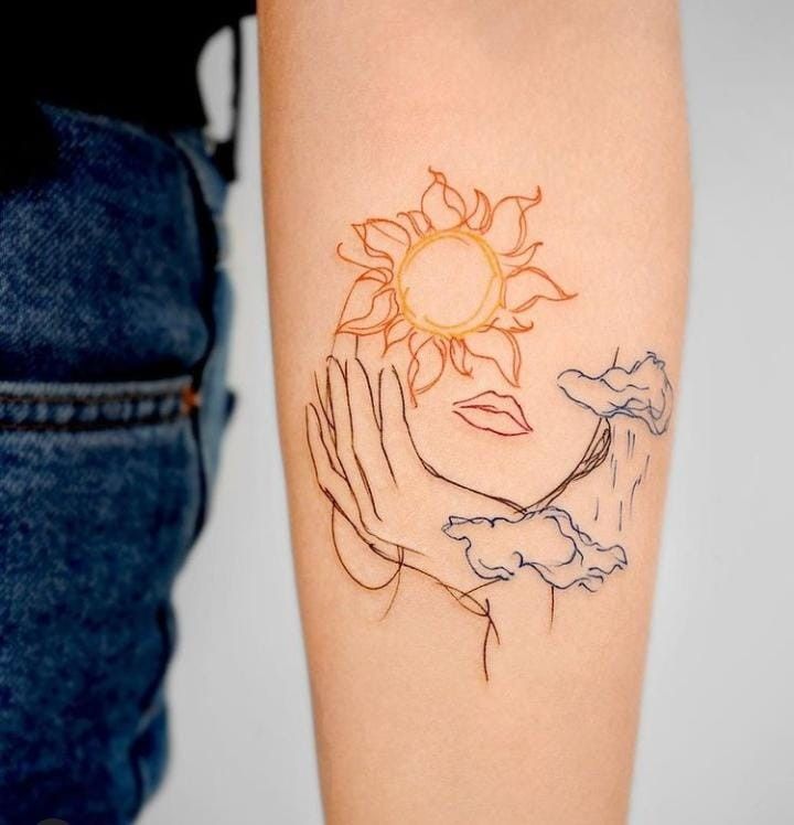 a woman's arm with a tattoo on it and the sun above her head