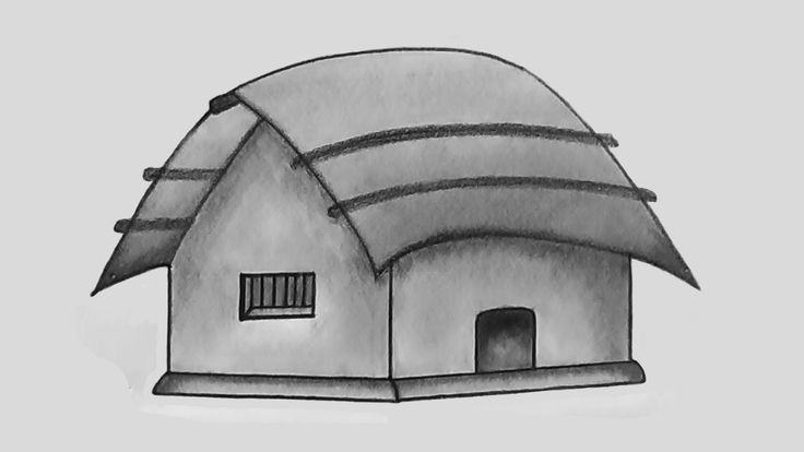 a drawing of a house that is made out of concrete and has two windows on the roof