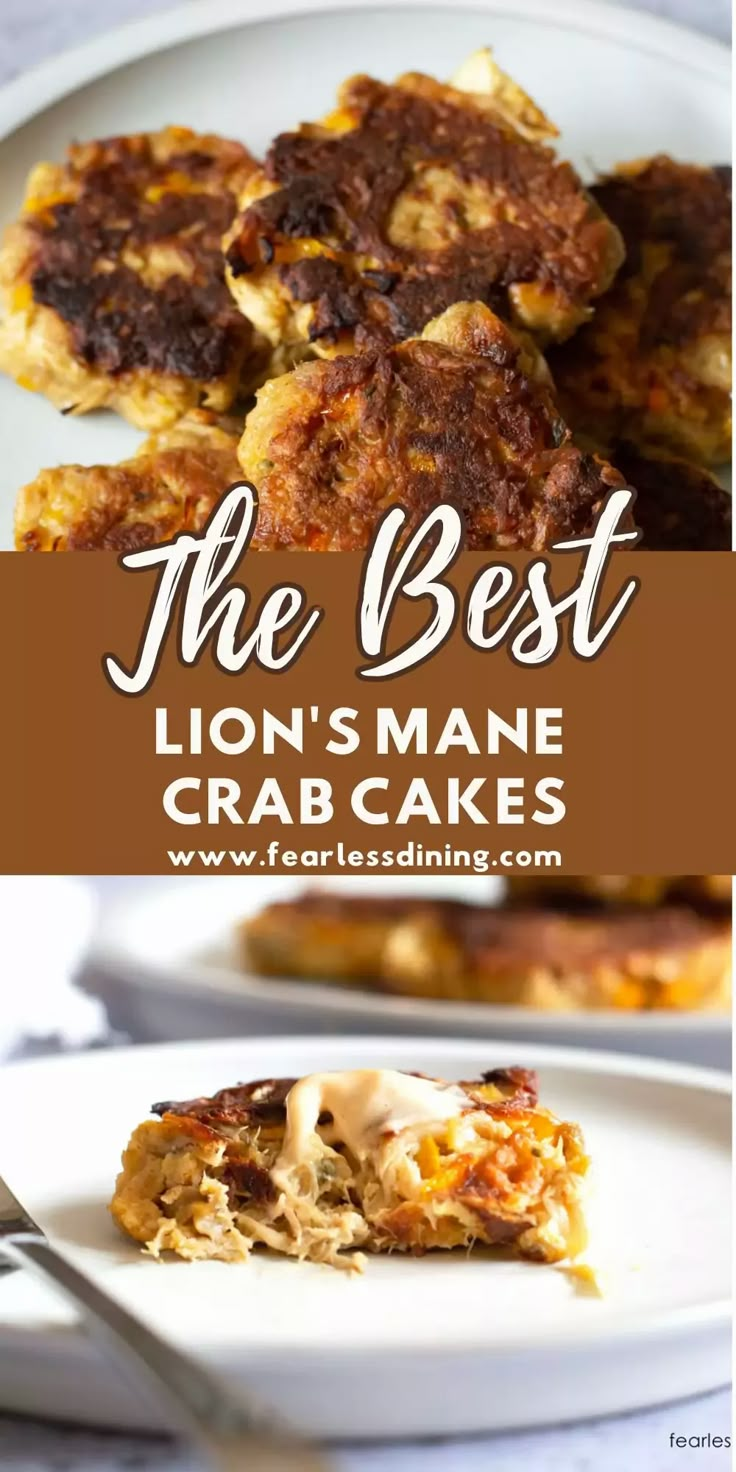 the best lion's mane crab cakes on a white plate with text overlay