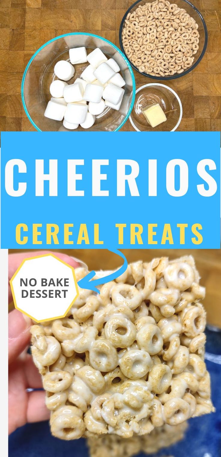 there are cereals and marshmallows in bowls on the table with text overlay