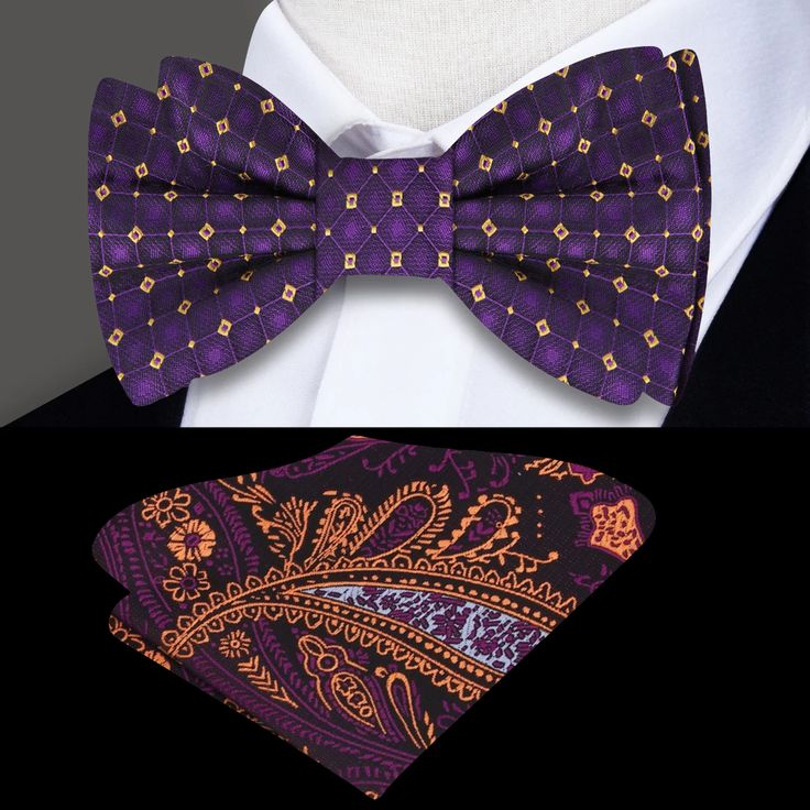 Radiant Royalty: The Purple and Gold Geometric Silk Bow Tie Step into the world of regal elegance with our Purple and Gold Geometric Silk Bow Tie. A true masterpiece, this bow tie boasts a captivating geometric pattern that effortlessly marries the richness of purple with the opulence of gold. Whether you choose the self-tie or pre-tied option, this accessory is a statement piece that will elevate your style to royal heights. Let's explore the details that make this bow tie a crown jewel in the Luxury Fitted Ties With Decorative Bow, Elegant Purple Bow Tie For Party, Luxury Purple Suit And Tie Accessories For Semi-formal Occasions, Elegant Fitted Multicolor Bow Tie, Purple And Gold Bow Tie, Elegant Multicolor Bow Tie, Luxury Purple Business Ties, Gold Bow Tie, Gold Geometric Pattern