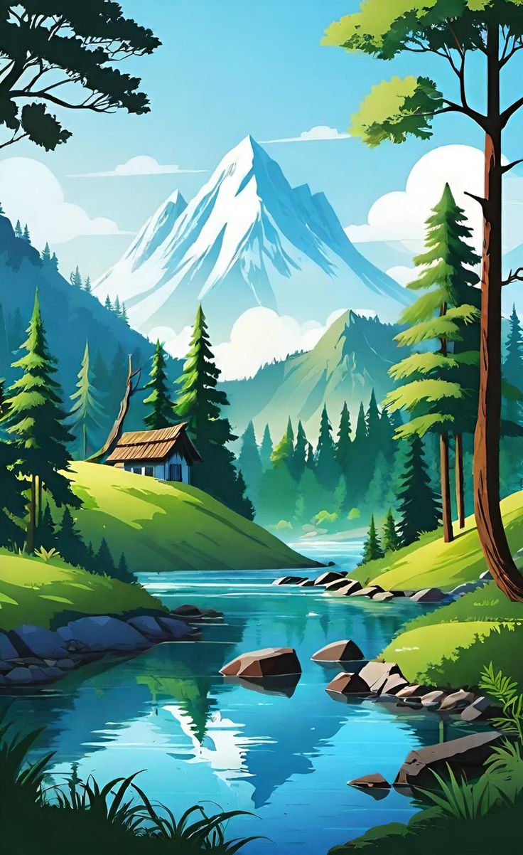 Nature landscape illustration Nature Poster Drawing, Nature Illustration Landscapes, Save Nature Poster, Digital Painting Landscape, Acton Academy, Canva Background, Digital Art Landscape, Green Nature Wallpaper, Drawing Scenery