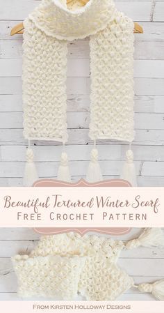 the crochet shawl pattern is shown with text that reads beautiful winter scarf free crochet pattern