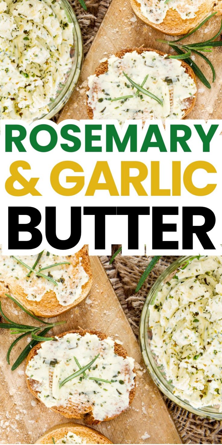 Rosemary and garlic butter spread on slices of bread. Sautéing Vegetables, Garlic Butter For Bread, Garlic Butter Recipe, Garlic Butter Spread, Rosemary Butter, Flavored Butter Recipes, Butter Recipes Homemade, Make Garlic Butter, Homemade Garlic Butter