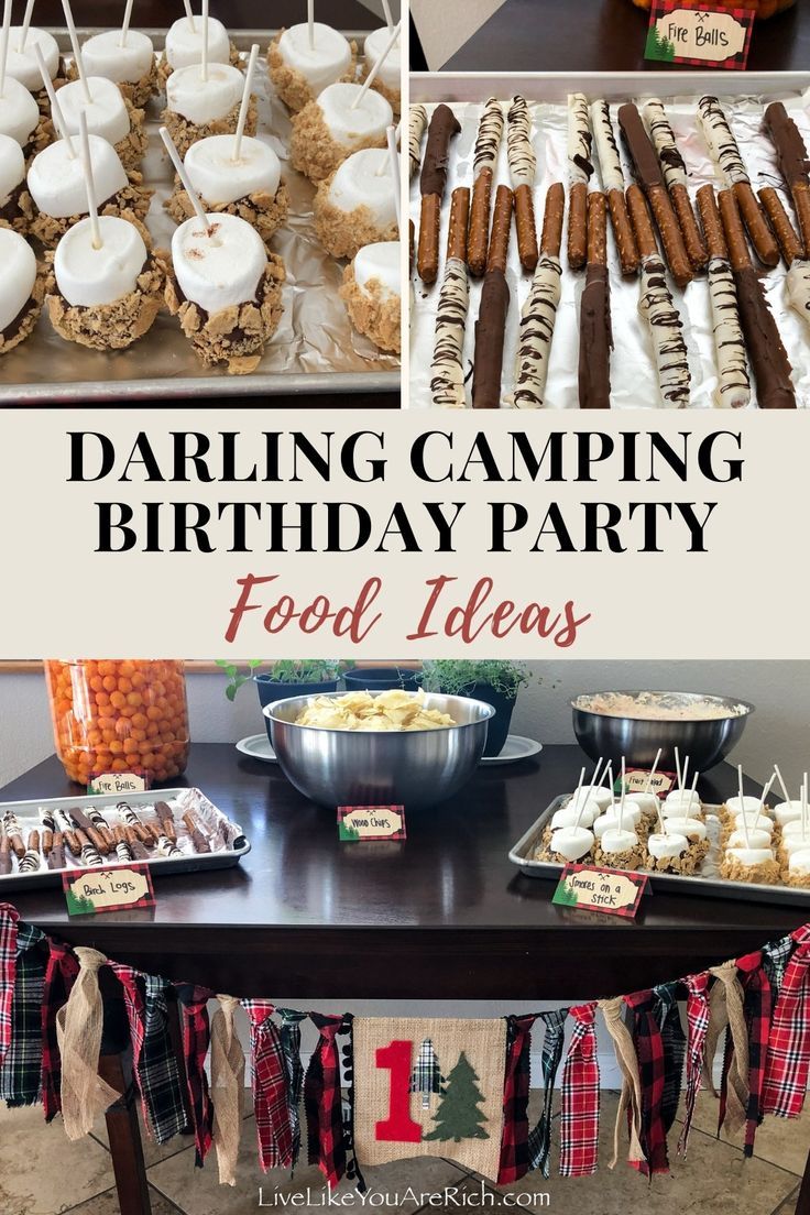 an outdoor camping birthday party with desserts and snacks