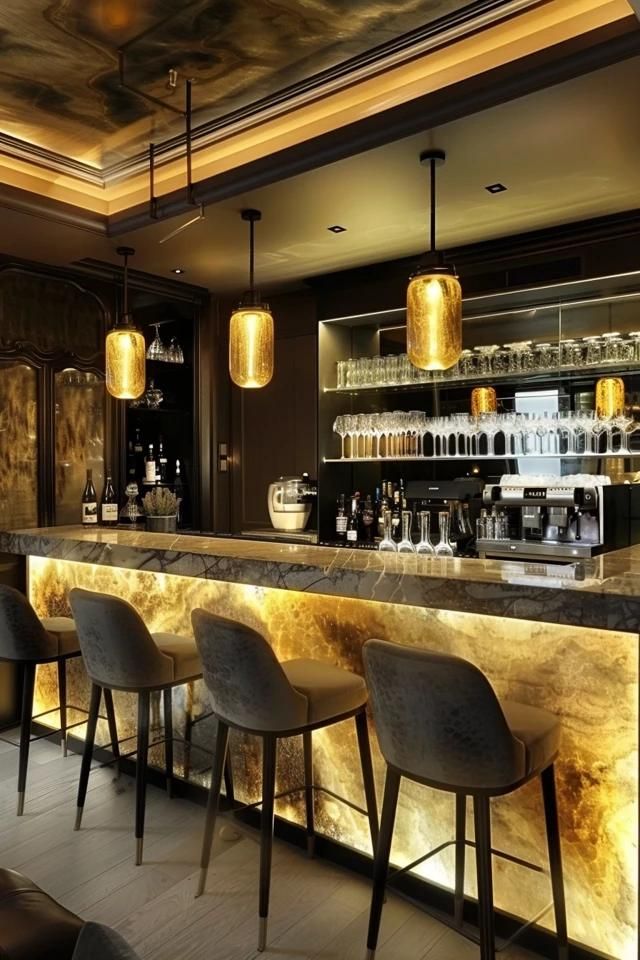 5 Creative Home Bar Lights Ideas Craft Cocktail Bar, Bar Lights Ideas, Small Bar Interior Design, Back Bar Design Restaurant, Bar Lighting Ideas, Back Bar Design, Counter Lights, Home Bar Setup, Bar Lights