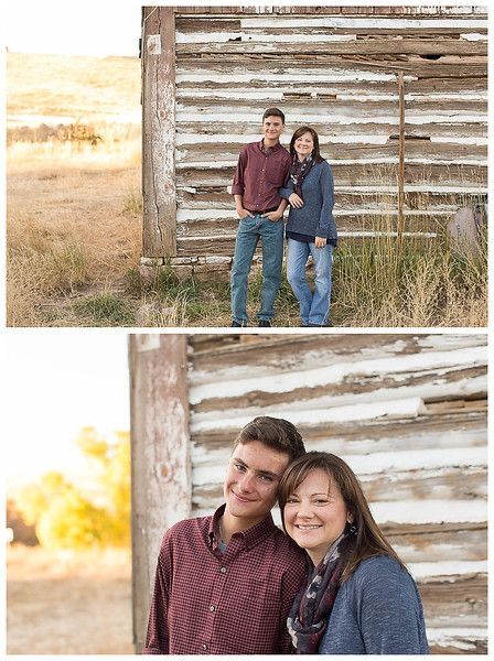 two photos of a couple standing in front of an old wooden building and smiling at the camera