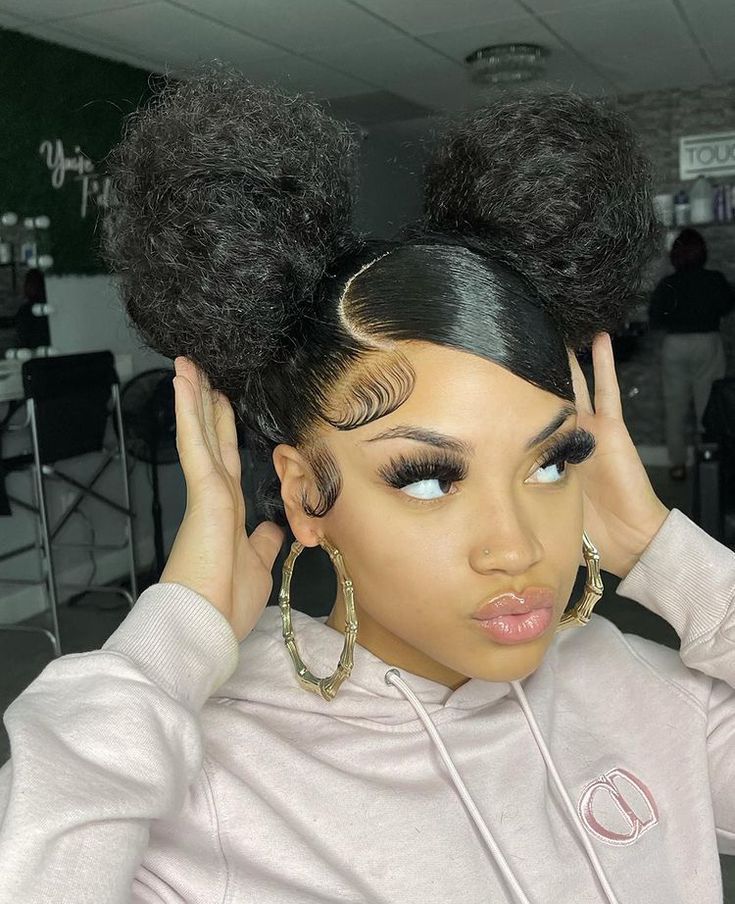 Quick Ponytail Hairstyles, Hair Bun Ideas, Two Buns Hairstyle, Curly Hair Bun, Black Hair Bun, Bun Ideas, Hairstyles For Black Hair, Natural Hair Bun Styles, Curly Bun