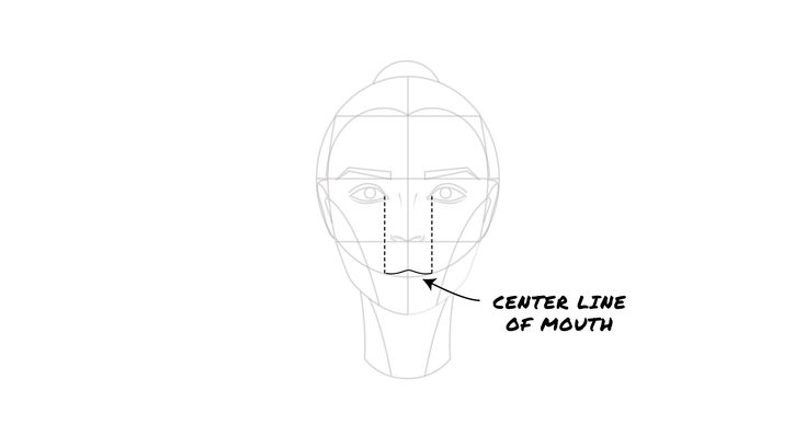 a drawing of a person's face with the center line of mouth drawn on it