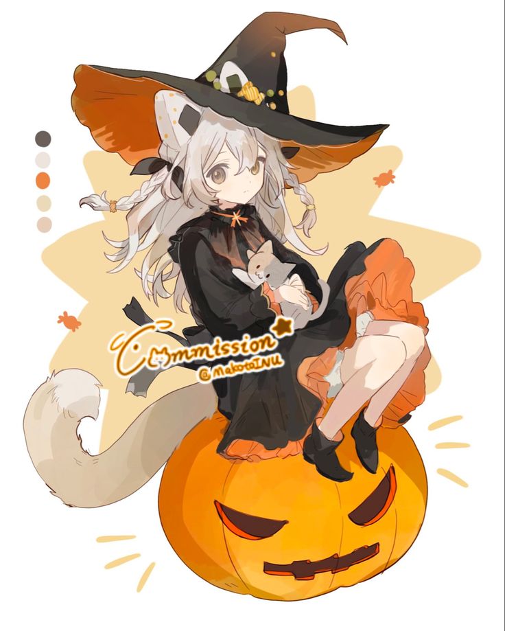 an anime character sitting on top of a pumpkin