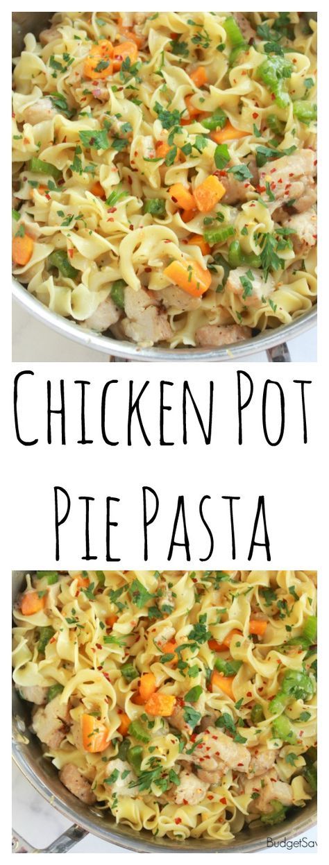 chicken pot pie pasta with carrots and parmesan cheese in a skillet